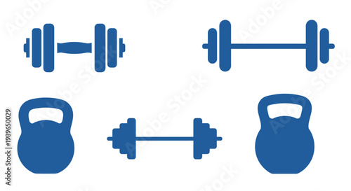 Set of Blue Dumbbells and Kettlebells Icons for Fitness and Exercise