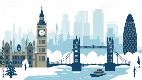 Minimalist winter London skyline illustration with Big Ben Tower Bridge Gherkin and River Thames in soft blue tones serene cityscape design