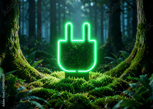 A glowing green neon sign in the shape of a socket plug emerging from the mossy ground in a forest setting