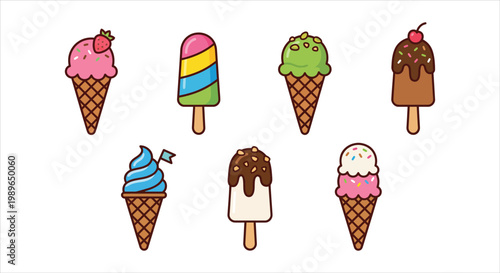 Collection of seven delicious and colorful ice cream treats