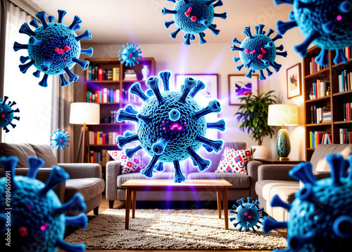 Abstract illustration of blue virus particles floating in a modern living room with furniture and bookshelves