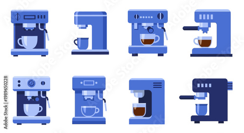 Collection of Modern Coffee Machines Making Espresso and Coffee Drinks