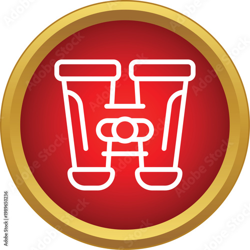 Binoculars icon on a red and gold button representing exploration and vision