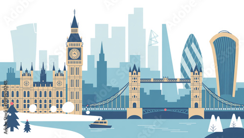 Minimalist winter London skyline illustration with Big Ben Tower Bridge Gherkin and River Thames in soft blue tones serene cityscape design