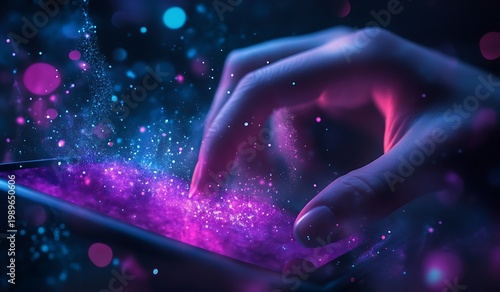 Hand touching a mobile phone screen with digital holographic effects in pink blue and purple colors