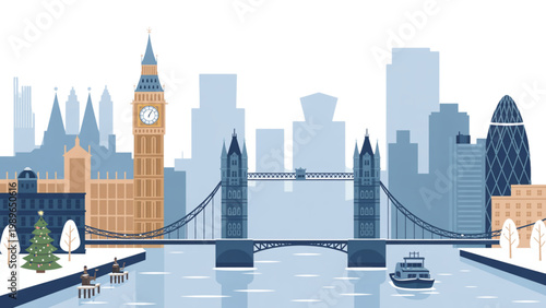 Minimalist winter London skyline illustration with Big Ben Tower Bridge Gherkin and River Thames in soft blue tones serene cityscape design