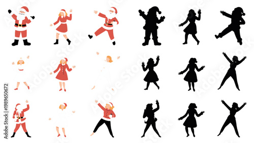Festive Santa dance pose illustration set featuring holiday characters in dynamic movement with colored and silhouette versions