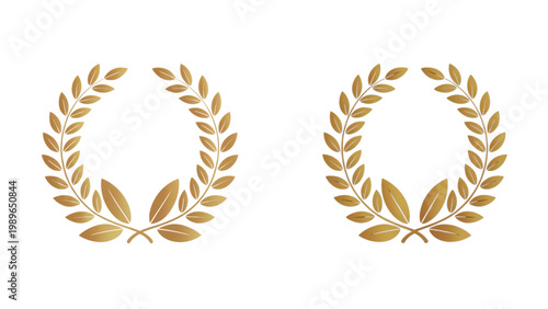 Elegant golden laurel wreath vector set with olive leaves and acorn details in symmetrical circular decorative botanical design