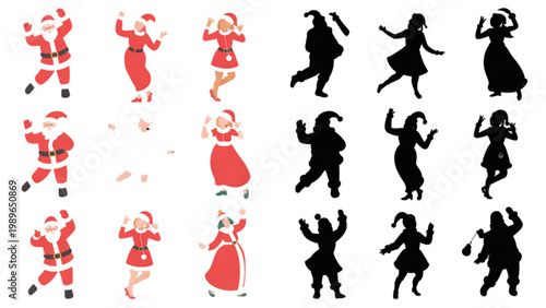 Festive Santa dance pose illustration set featuring holiday characters in dynamic movement with colored and silhouette versions