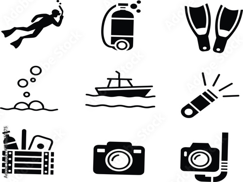 Scuba diving and underwater exploration icons set, black silhouette vector symbols for ocean adventure travel