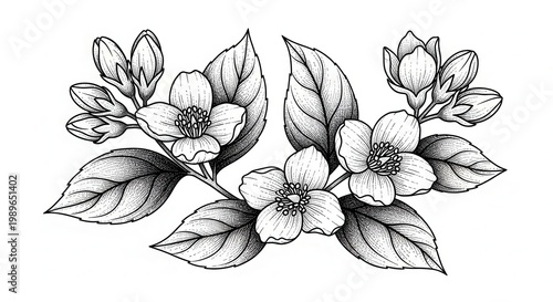 Hand-drawn hibiscus flower with leaves and buds a delicate botanical illustration for natural design elements and summer themes isolated on white