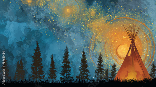 Painterly night sky with glowing particles and illuminated teepee in forest landscape symbolizing Indigenous culture, spirituality, and Canadian heritage storytelling