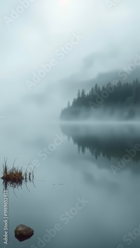 Misty Calm at the Lake: A Serene Landscape of Trees and Reflection in Soft Fog
