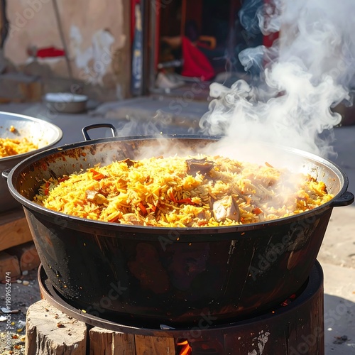A steaming large pot of food on a wooden stump outdoors