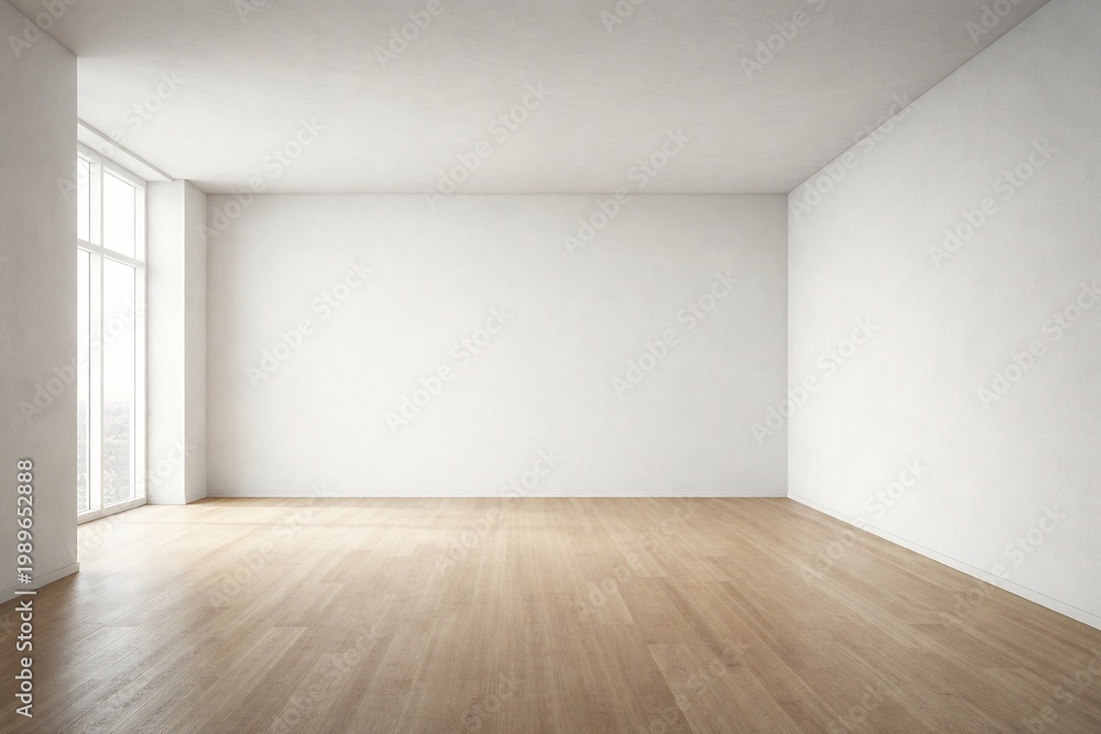 Fototapeta premium Minimal Interior with Floor to Ceiling Window Wooden Floor and Natural Light Copy Space