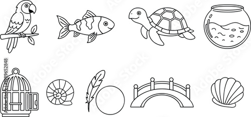 Collection of minimalist line icons for pets aquatic life and nature concept including birds fish and turtle vector.