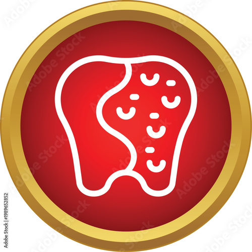 Tooth icon with bacteria and decay inside a shiny red and gold button