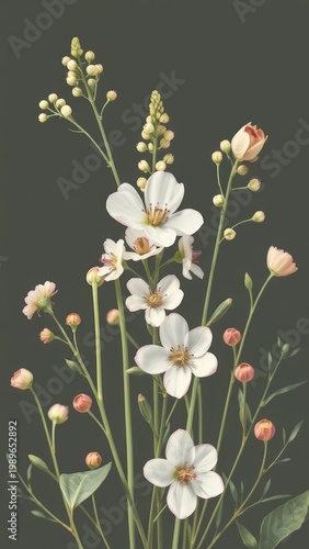 A Captivating Floral Arrangement Showcasing Delicate White and Pink Flowers on a Dark Background, Perfect for Enhancing Any Decor with Natural Beauty and Elegance