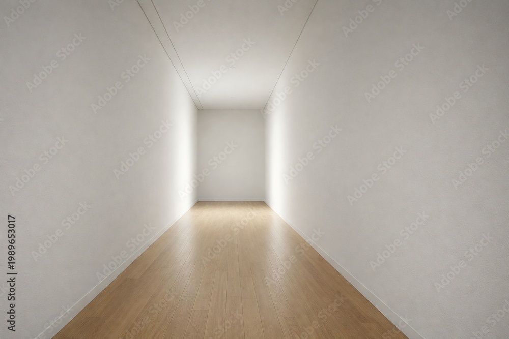 Fototapeta premium Symmetrical Minimal Corridor Interior with Ceiling Light and Central Perspective Copy Space