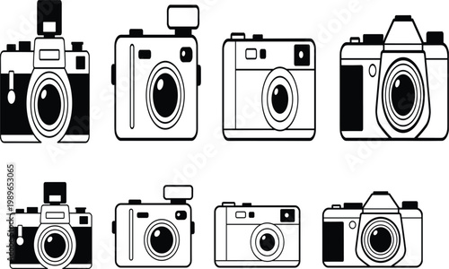 Vintage and modern camera icons set, vector outline symbols for photography, film, and creative media