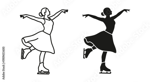 Figure skater silhouette set outline and solid styles, white background