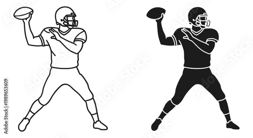 American football quarterback silhouette set outline and solid styles, white background