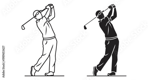 Golf player silhouette set outline and solid styles, white background