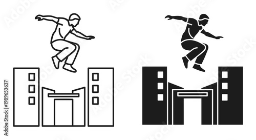 Parkour jumping silhouette set outline and solid styles, white background