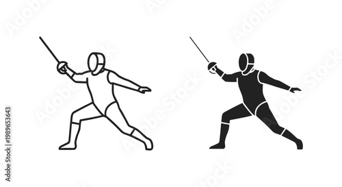 Fencing athlete silhouette set outline and solid styles, white background