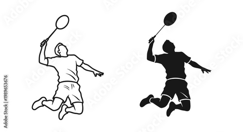 Badminton player silhouette set outline and solid styles, white background