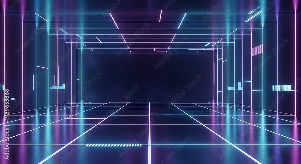 Fototapeta premium Abstract futuristic digital grid tunnel illuminated with vibrant neon blue and purple lights extending into darkness