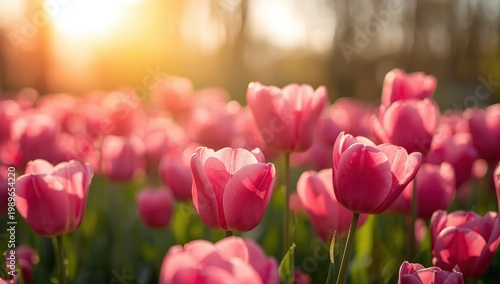Vivid pink tulips in full bloom under warm sunlight, with soft bokeh background and glowing highlights. Bright spring scene with rich colors and natural beauty