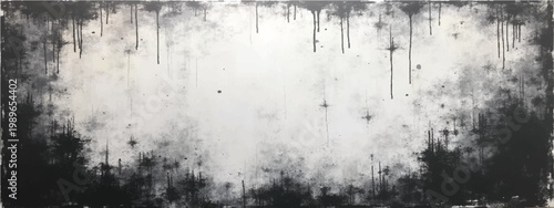An artistic black and white paint on rectangular canvas, with drips and a cloudy outline, evoking emotion and intrigue.