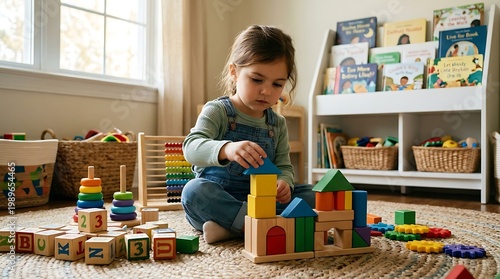 A young child plays with colorful educational toys, building a structure on the floor in a bright room, supporting creativity, learning, motor skills, and early childhood development.