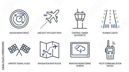 Air Traffic Control and Navigation System Icons Set Isolated White Background