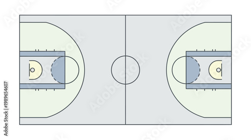 Top-down view of a basketball court with distinct shaded areas indicating the three-point line and key, on a light grey background.