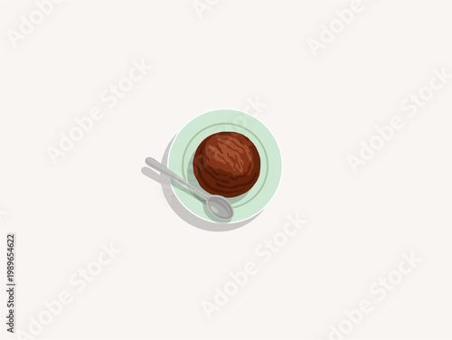 Chocolate Ice Cream Scoop Top View with Silver Spoon on Plate