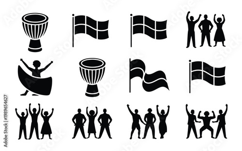 Black and white silhouettes of dancing figures flags and a drum depicting celebration joy and cultural festivities isolated on a clean background