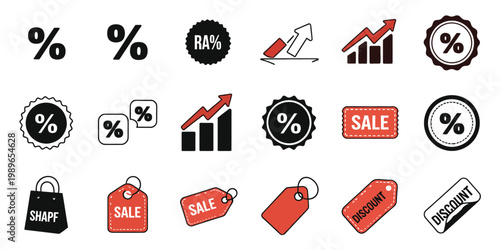 Collection of vibrant sale icons and percentage symbols representing discounts promotions and financial offers in a colorful design