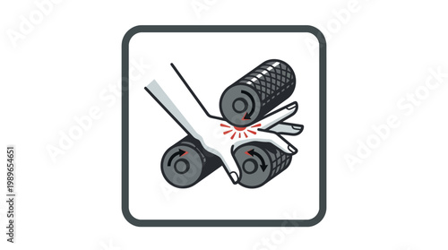 Square warning sign illustrating a hand trapped between two rollers, indicating a crushing or nip point hazard on isolated white background.