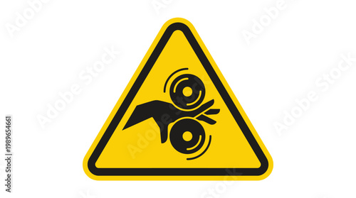 Yellow triangular warning sign showing a hand caught in rollers, signifying a severe crushing or entanglement hazard on isolated white background.
