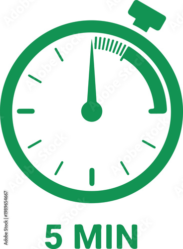Green stopwatch with 5 minutes on white background timer