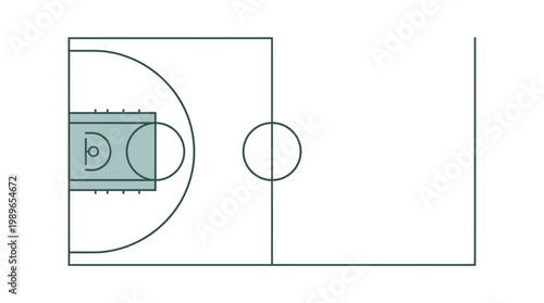 Partial view of a basketball court, focusing on a shaded free-throw area and half-court markings, on isolated white background.