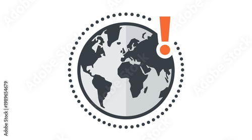 Earth Globe with Dotted Circle and Red Exclamation Mark Warning Icon Isolated White Background