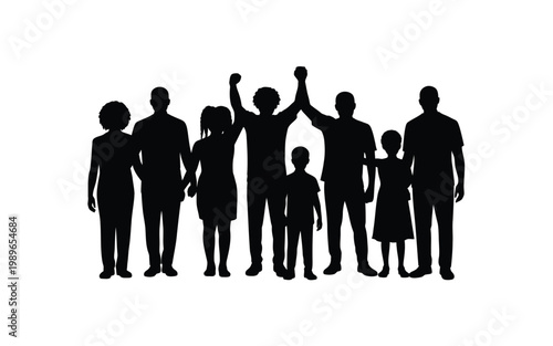 Silhouettes of a diverse group of people standing together celebrating unity with raised hands isolated on a white background minimalist design