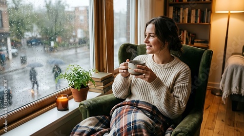 A woman sits comfortably by a rainy window, holding a warm drink, enjoying a peaceful moment indoors surrounded by soft lighting, books, and cozy home decor.