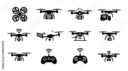 Drone icon set including quadcopter delivery and remote control silhouette, white background