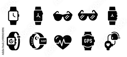 Wearable technology icon set including smartwatch, fitness tracker and smart glasses, white background