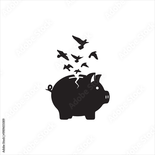 Black silhouette of a cracked piggy bank with birds flying out, symbolizing loss of money or savings