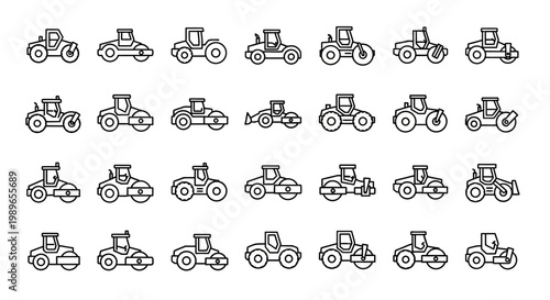 Road Roller Icons Set, Construction Vehicles, Machinery, Line Art Vector Graphics